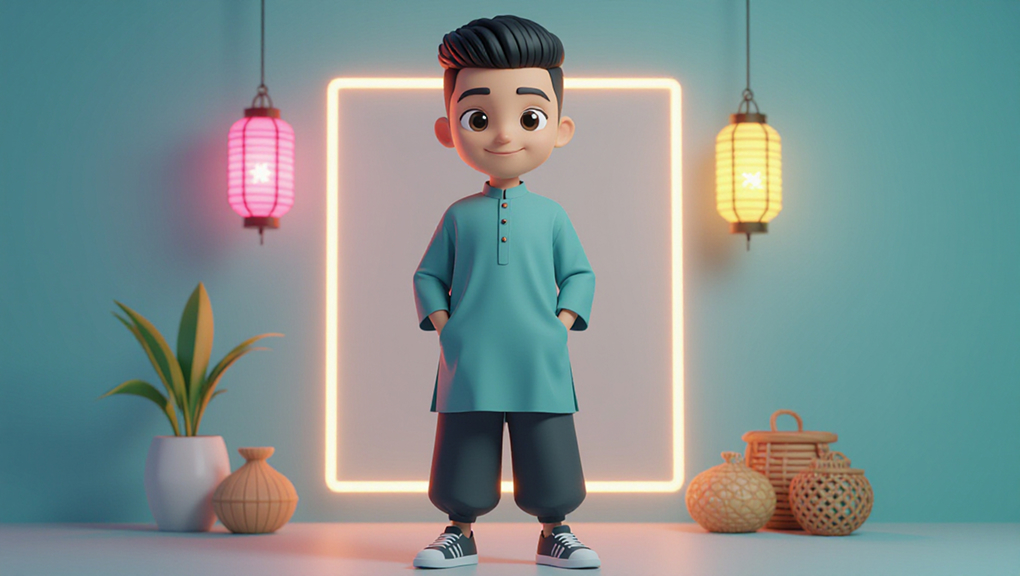 3D cartoon Muslim boy in oversized kurta and sneakers with neon Eid Mubarak design.