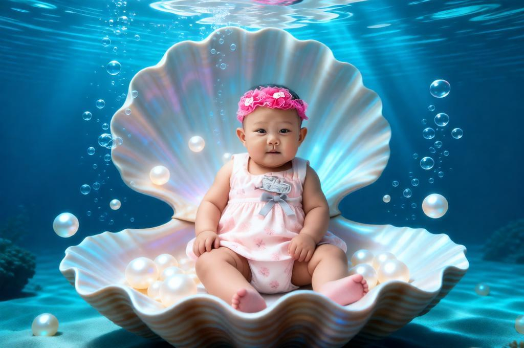 Baby sitting inside giant seashell underwater with pearls bubbles and blue light rays cinematic underwater scene.