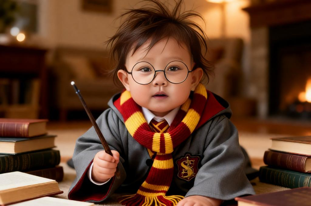 Baby dressed as Harry Potter with glasses wand books cozy magical indoor scene.