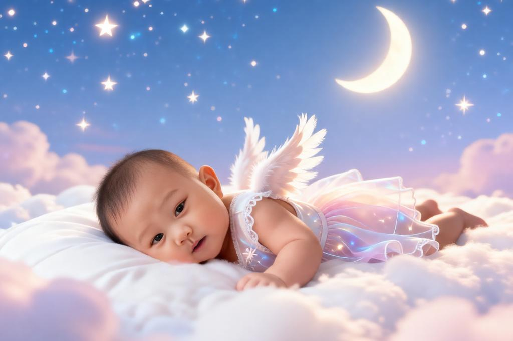 Baby lying on soft cloud bed in dreamy sky with stars and moon wearing angel outfit soft pastel tones magical scene.