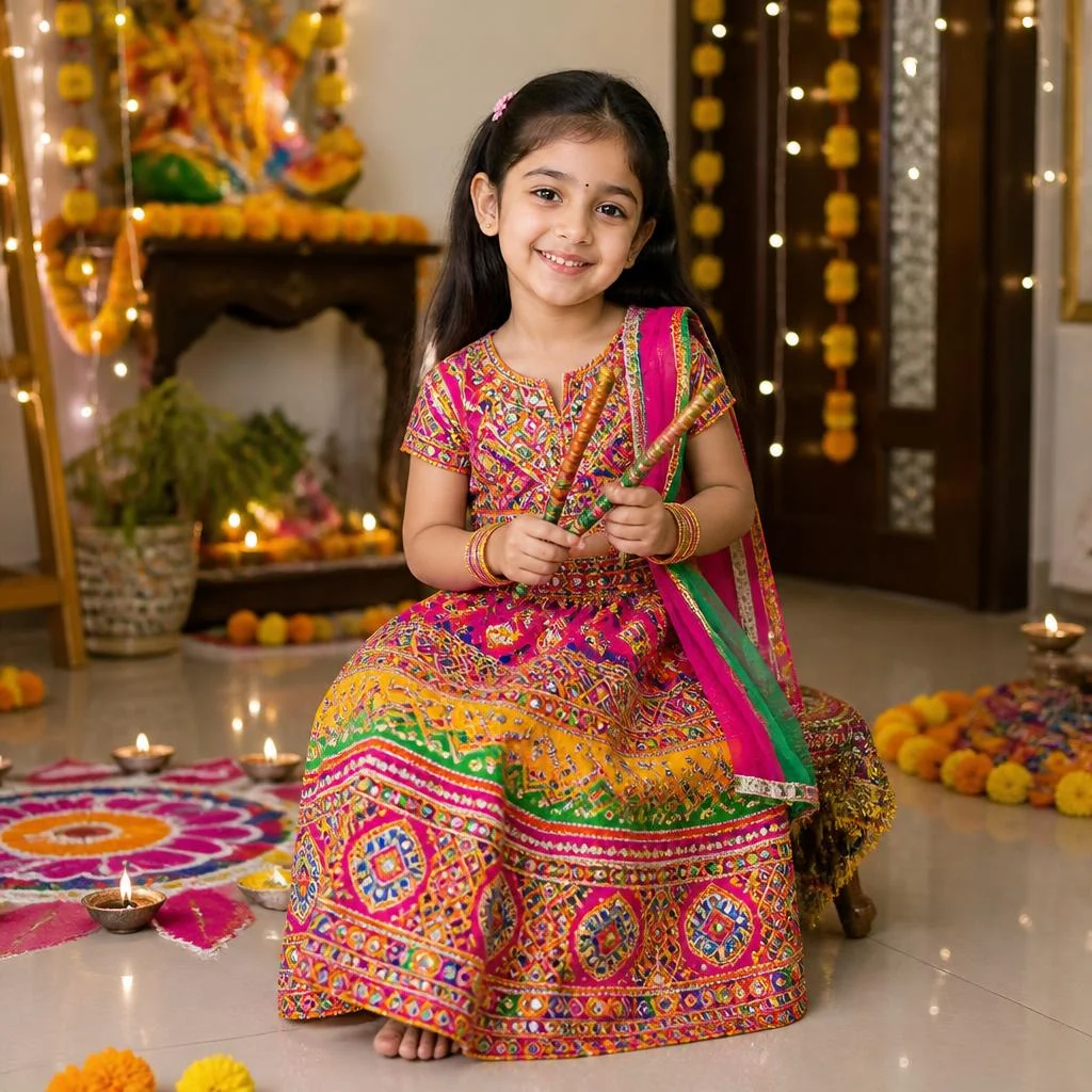 Baby girl in a colorful chaniya choli holding dandiya sticks at a decorated home for Navratri. 