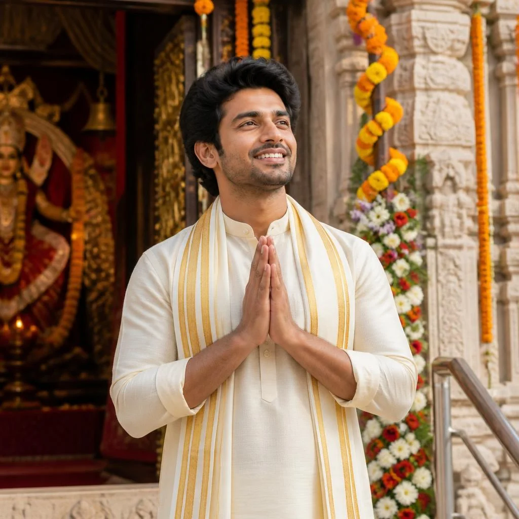 Man in cream kurta offering prayers at a decorated temple during Navratri.