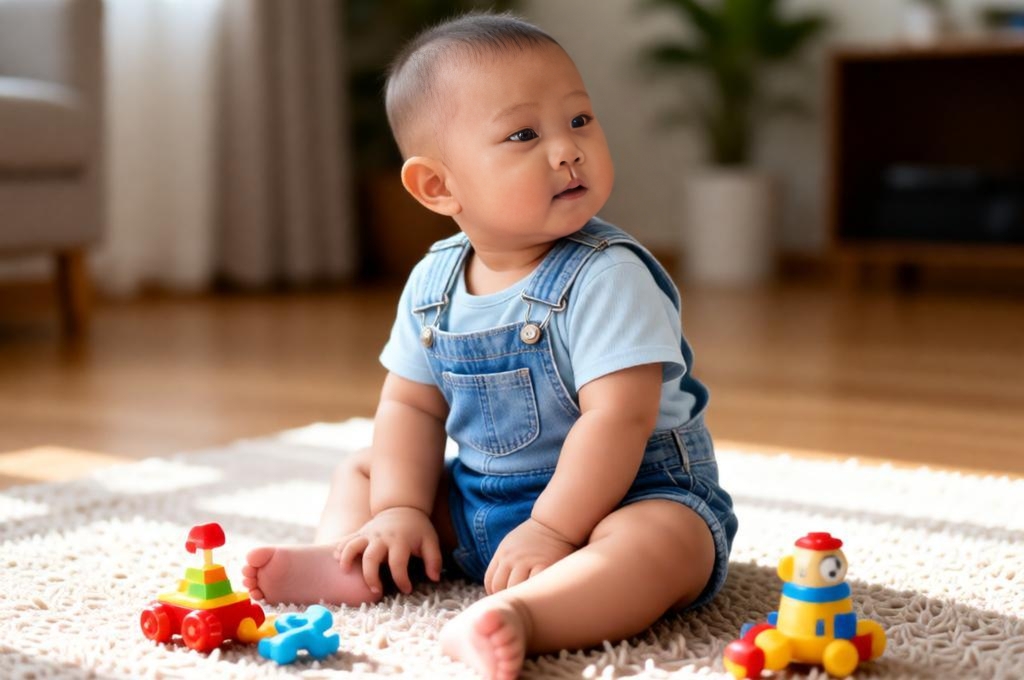 Baby sitting on rug with toys around casual outfit simple home lifestyle scene.