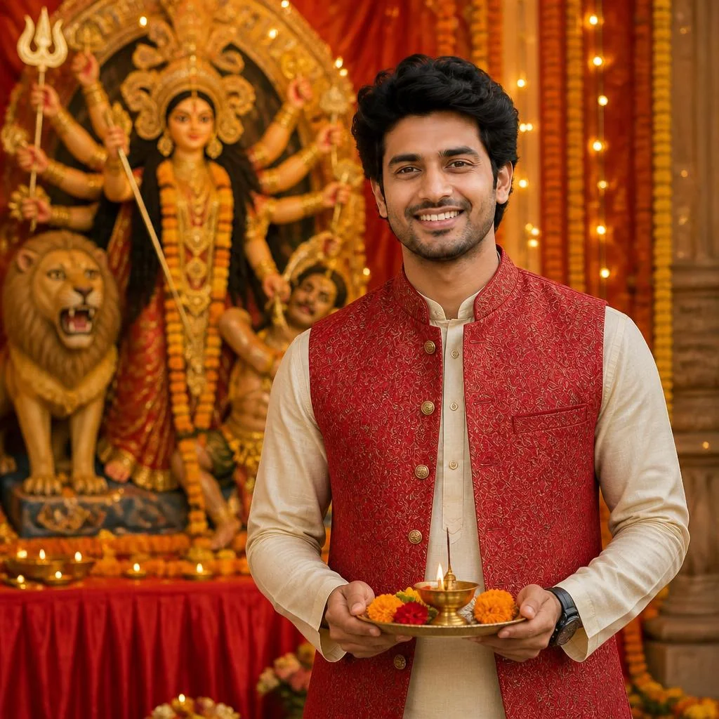 Man in cream kurta and red Nehru jacket posing near a Maa Durga idol at a Navratri pandal.