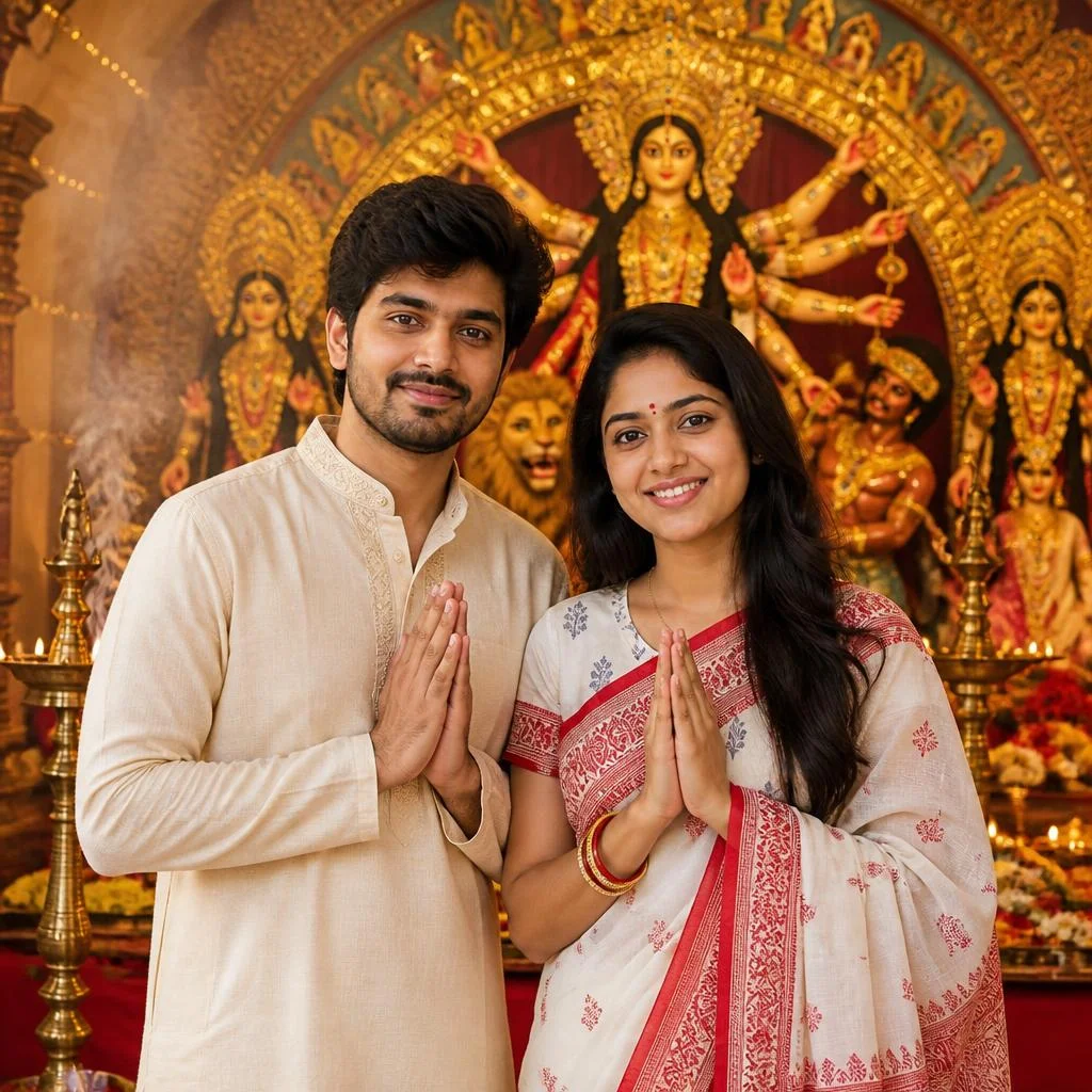 Couple standing near a decorated Maa Durga idol at a Navratri Durga Puja pandal. 