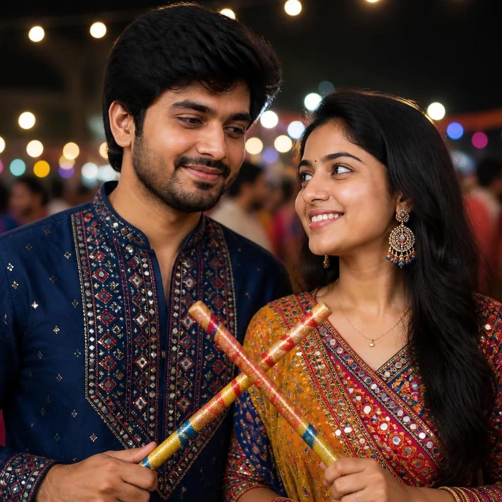 Couple smiling at each other while playing dandiya at a nighttime Garba celebration.