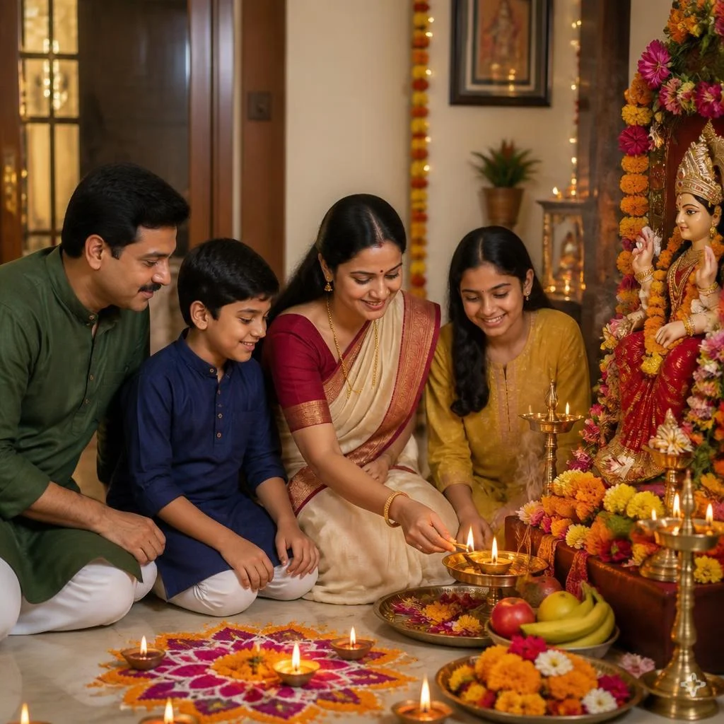 Indian family performing Navratri puja together at home with diyas and a Maa Durga idol.