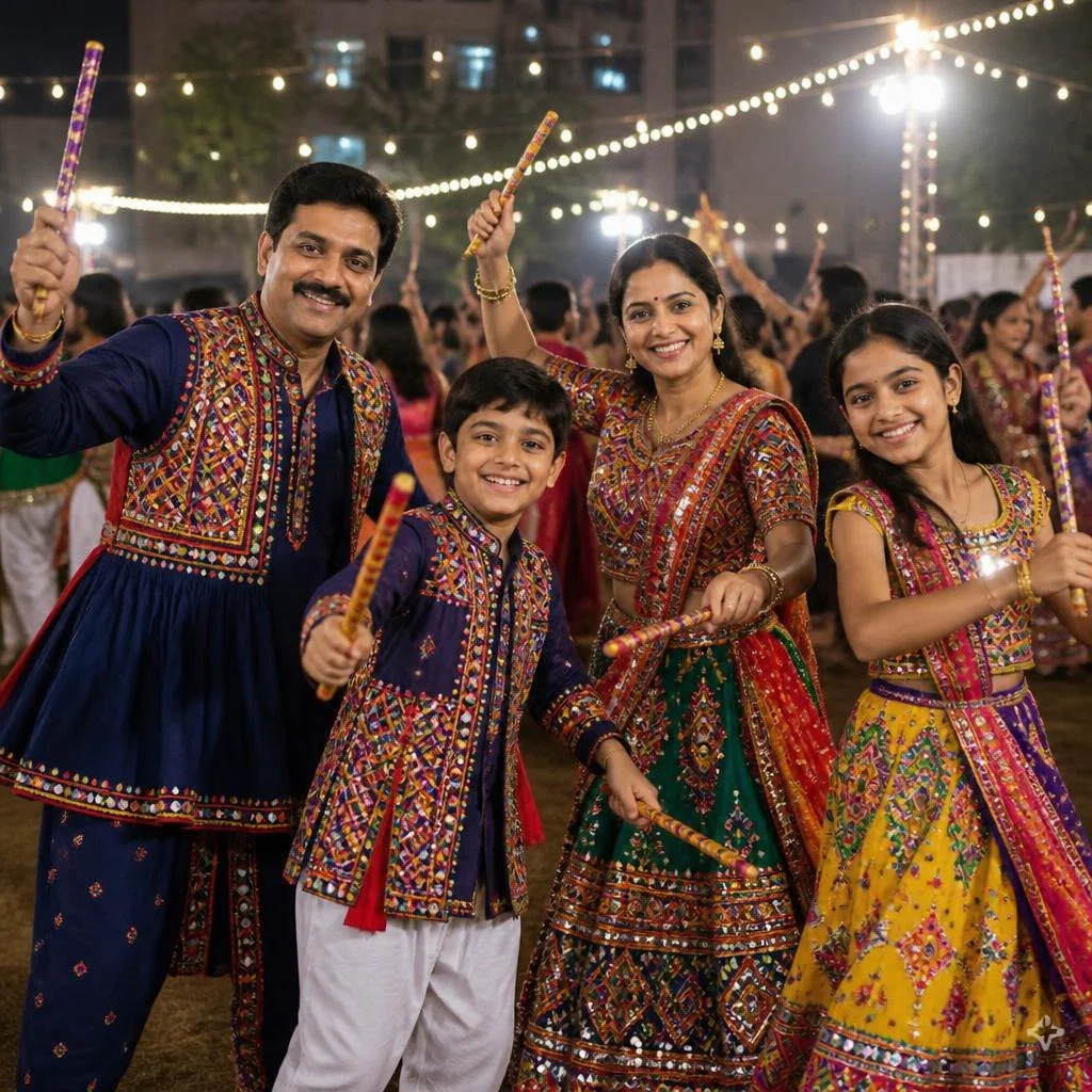 Family dancing together with dandiya sticks at a residential Navratri Garba celebration.