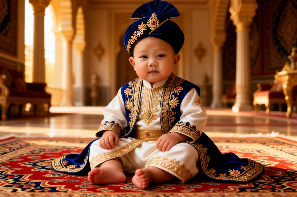 Baby wearing Mughal royal attire sitting on ornate carpet with palace background rich detailed decor.