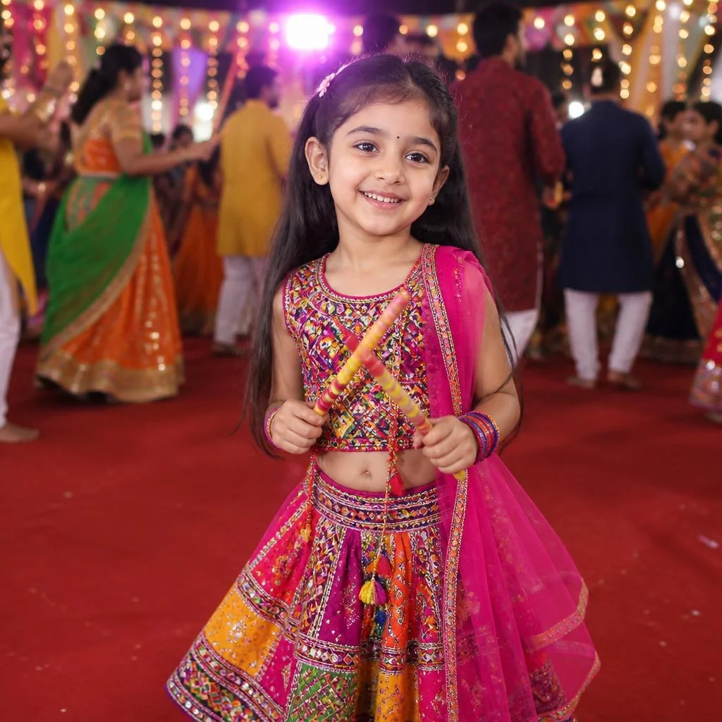 Baby girl playing with dandiya sticks at a family Navratri Garba celebration.