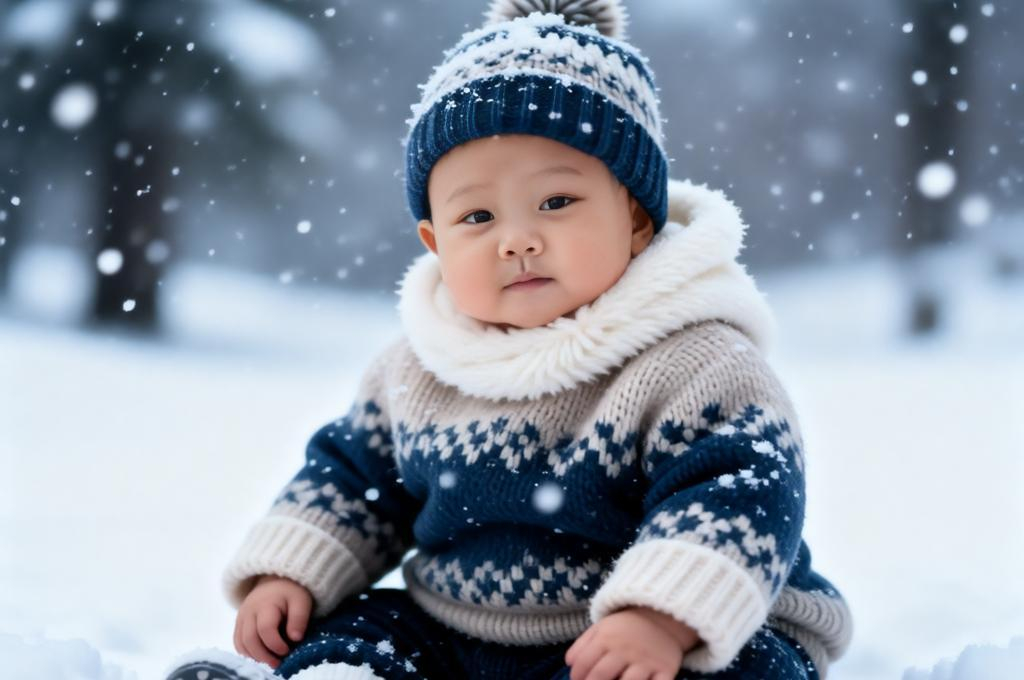 Baby wearing wool clothes sitting in snow with falling flakes cozy winter outdoor scene.