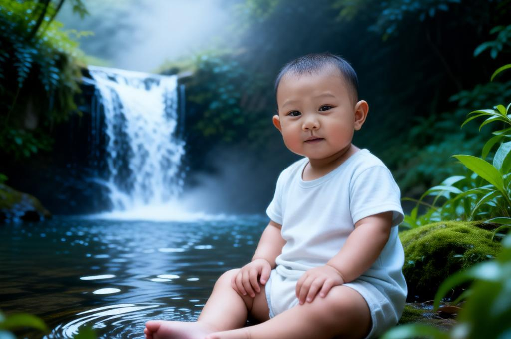 Baby sitting near waterfall with mist greenery around wearing light clothes cool tones natural outdoor scene.