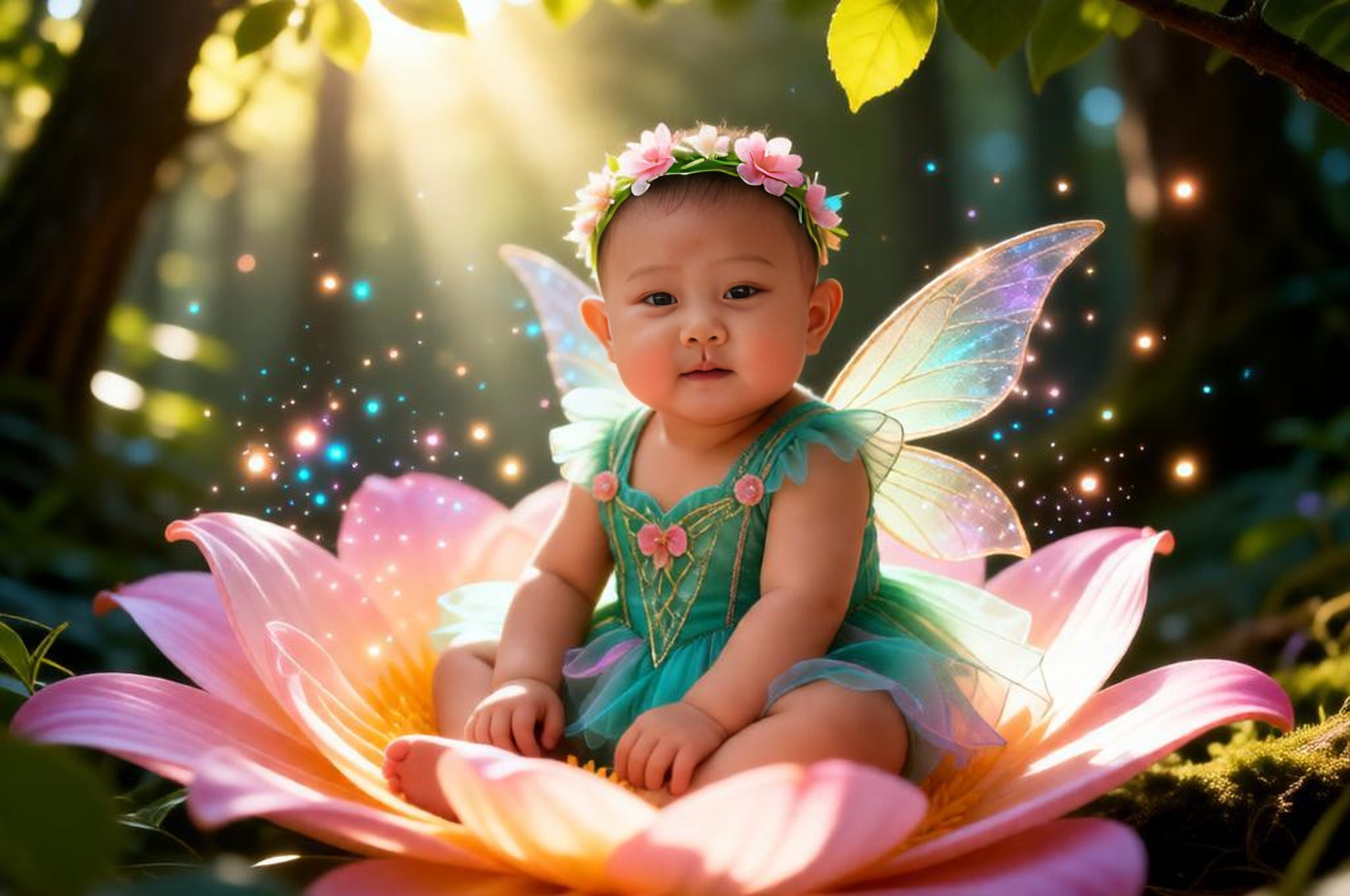 Baby dressed as fairy sitting inside blooming flower in forest with glowing particles soft sunlight vibrant colors magical scene.