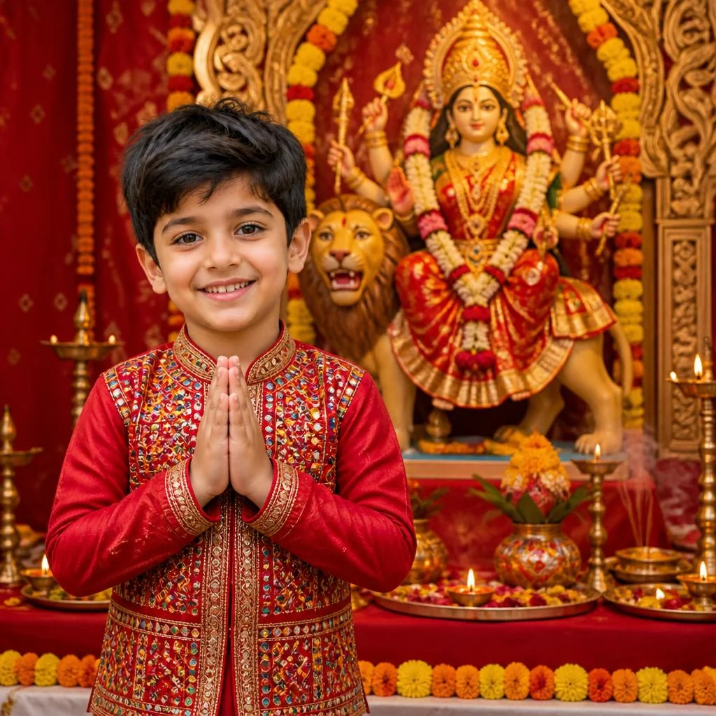 Baby boy in Gujarati kediyu standing near a decorated Maa Durga idol during Navratri.