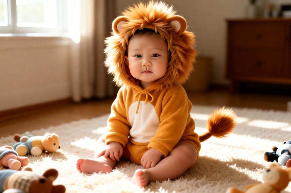 Baby wearing lion costume sitting on rug with soft toys cute indoor playful scene.