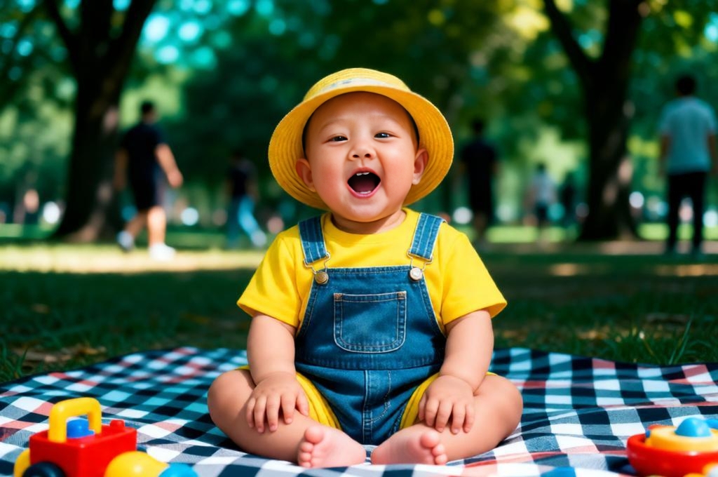 Baby sitting on picnic blanket in park wearing yellow outfit laughing with trees and people blurred background.