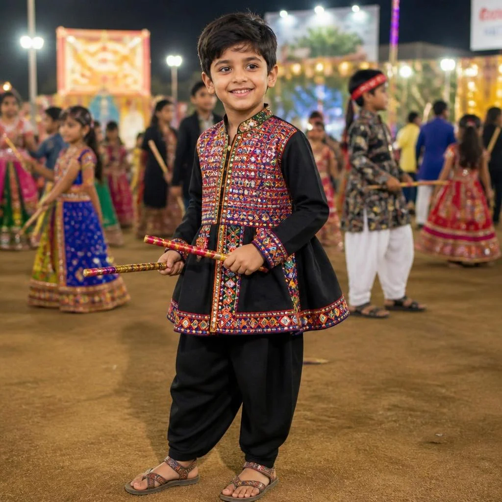 Little boy in Gujarati kediyu holding dandiya sticks at a Navratri Garba event.