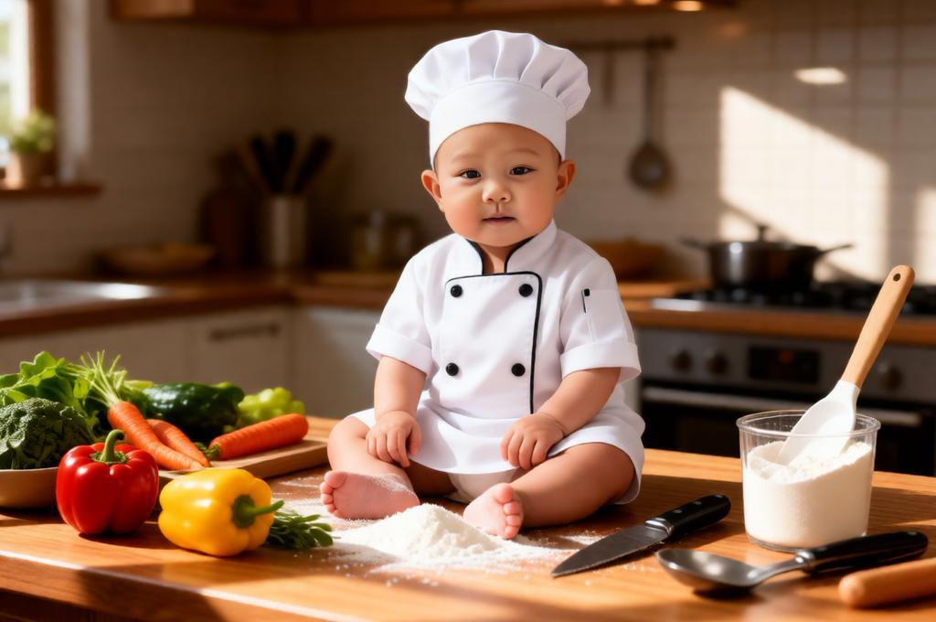 Baby dressed as chef sitting on kitchen counter with vegetables flour tools warm lighting realistic cooking setup.