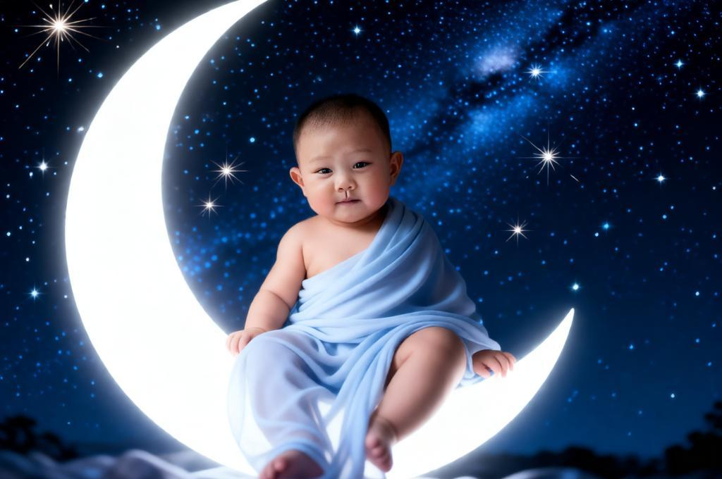 Baby sitting on glowing crescent moon in starry night sky wrapped in fabric with sparkles cool tones cinematic lighting.