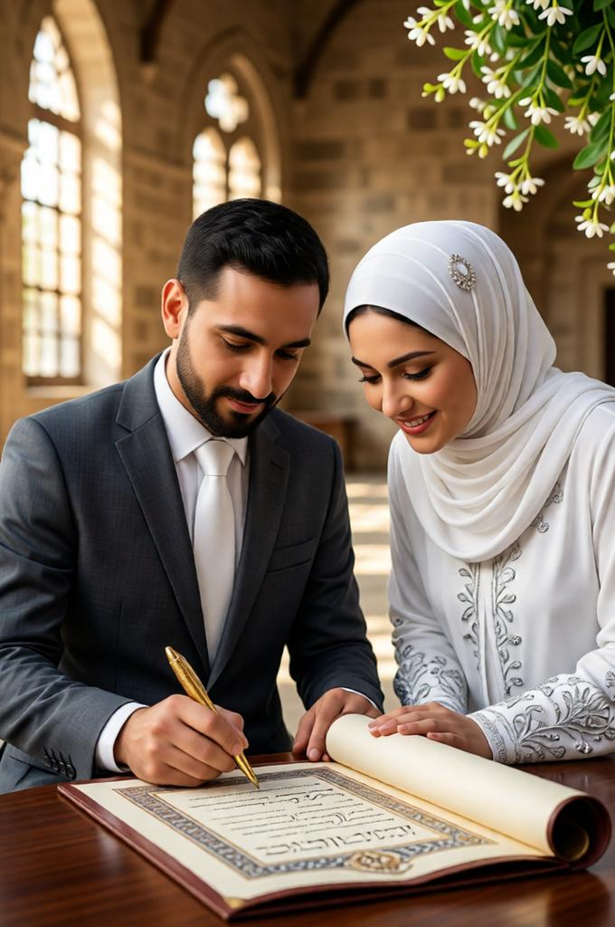 Bride in hijab and groom signing the marriage document.