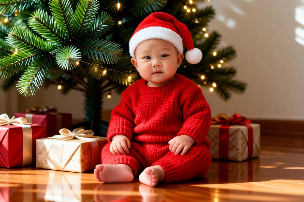 Baby sitting near Christmas tree with lights gifts wearing red outfit festive cozy indoor scene.