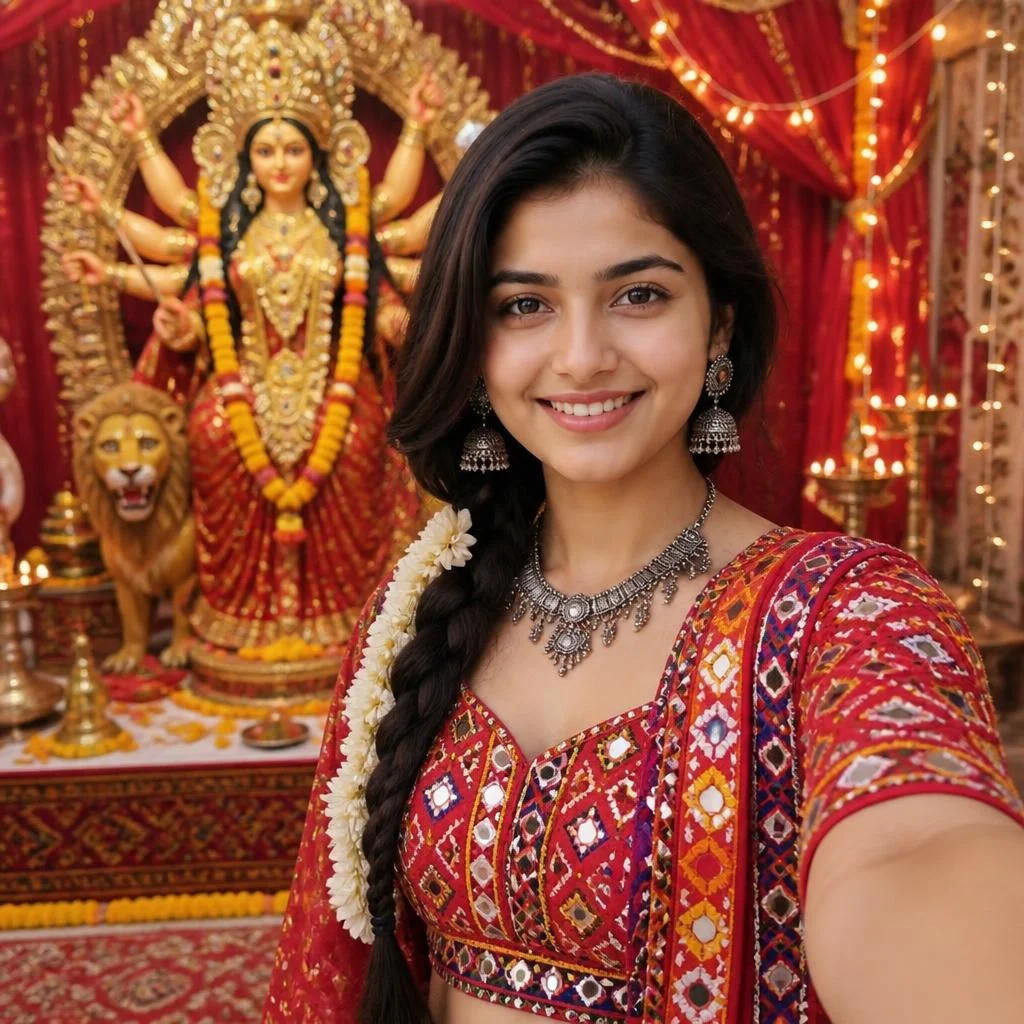 Woman in red Gujarati chaniya choli taking a selfie with Maa Durga at a Navratri pandal.