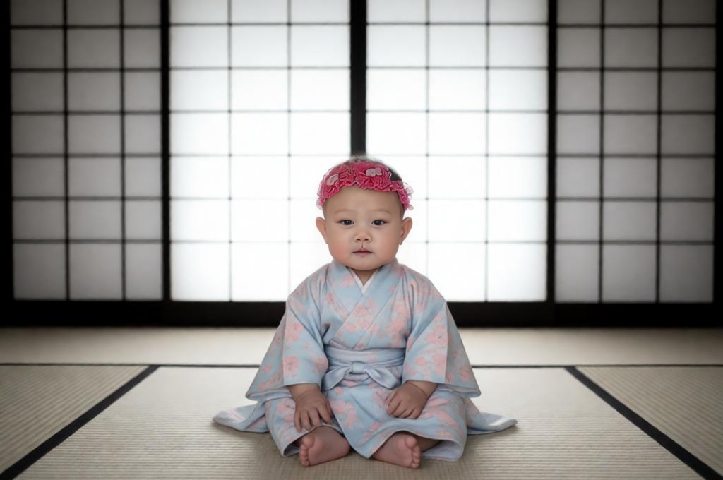 Baby wearing kimono sitting on tatami floor with paper doors minimal Japanese style calm indoor scene.