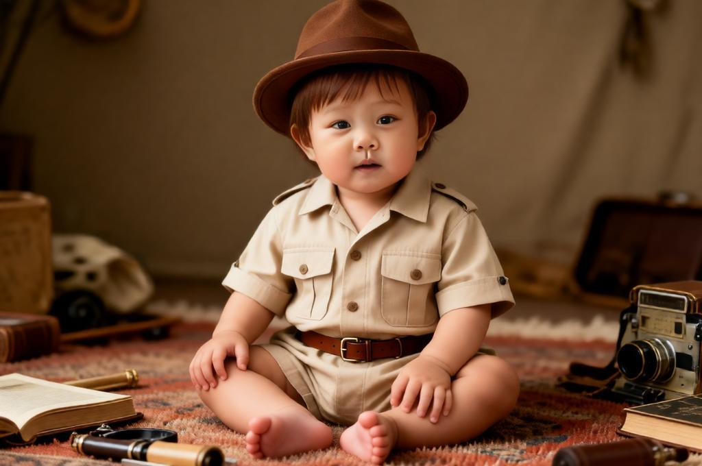Baby dressed as Indiana Jones wearing explorer outfit with hat sitting with vintage props indoor scene.