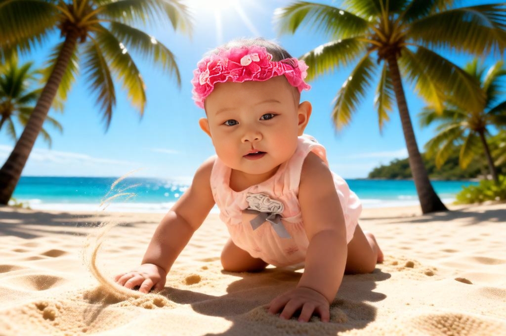 Baby crawling on beach with palm trees ocean background tropical Filipino style outdoor scene.
