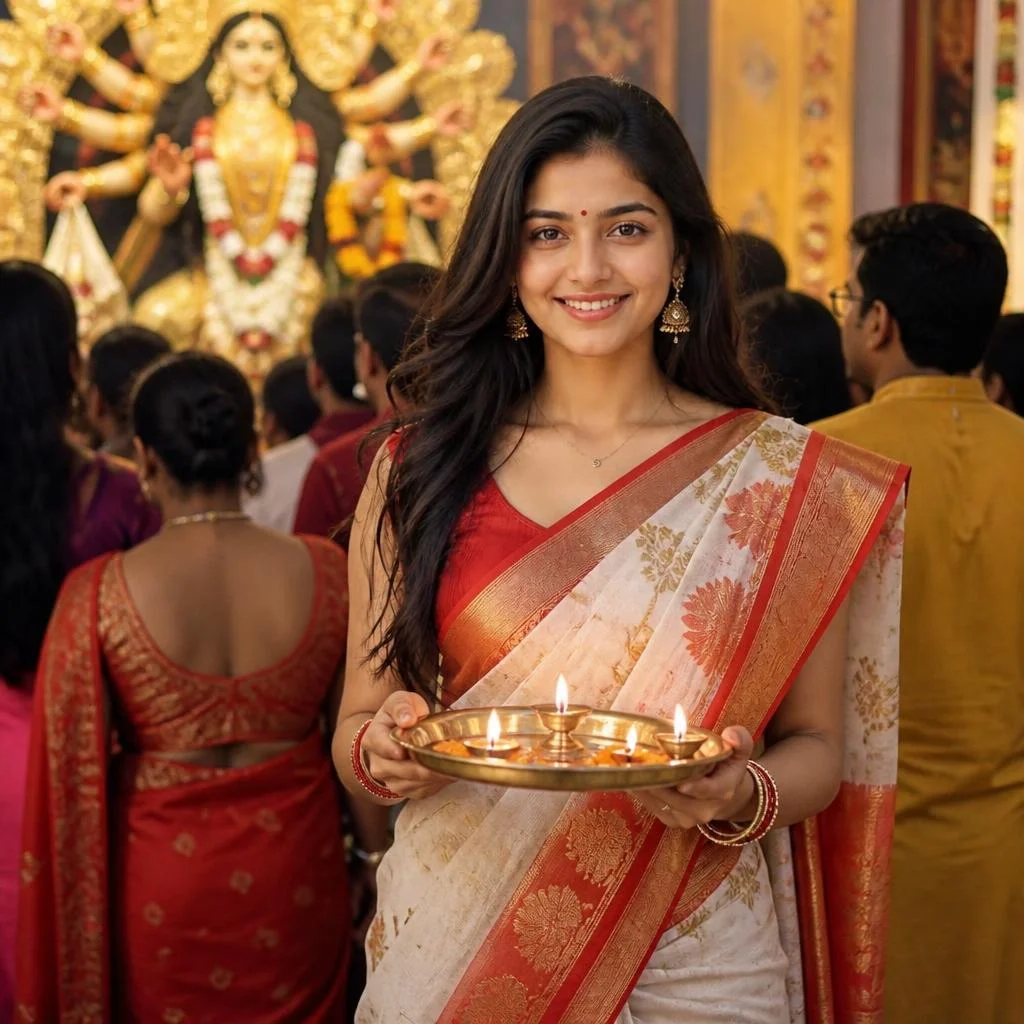Woman in red and white saree performing aarti in front of Maa Durga during Navratri.