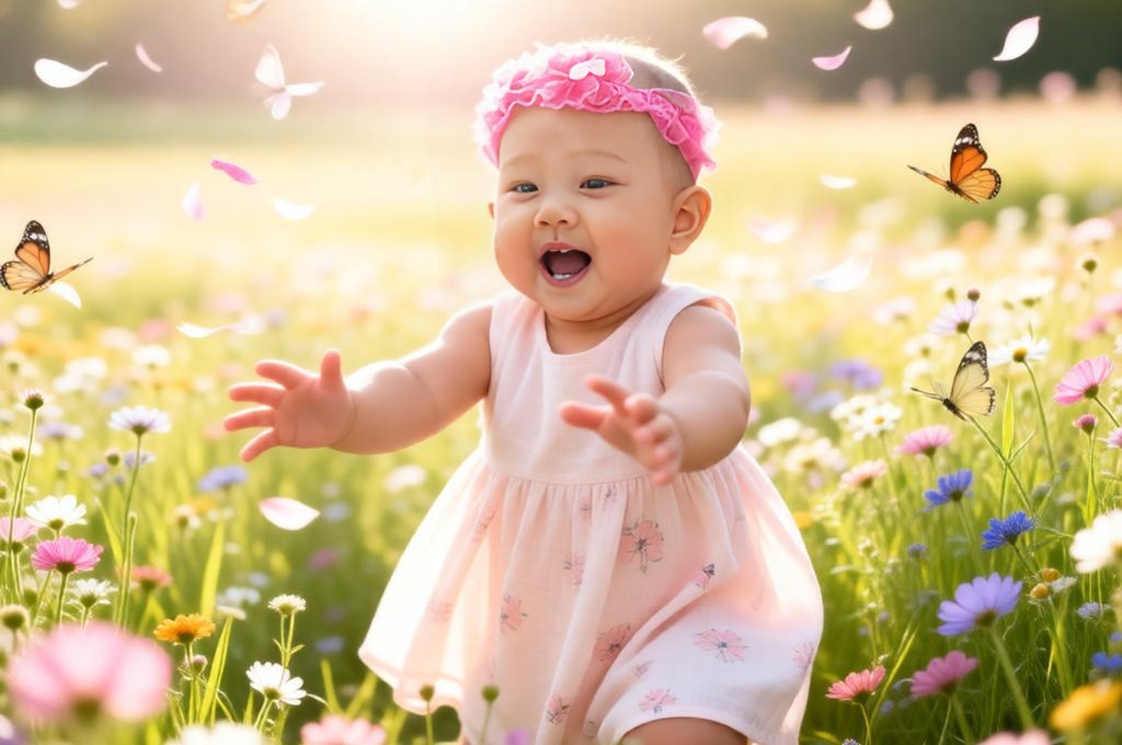 Baby sitting in garden with blooming flowers greenery soft sunlight bright spring outdoor scene.
