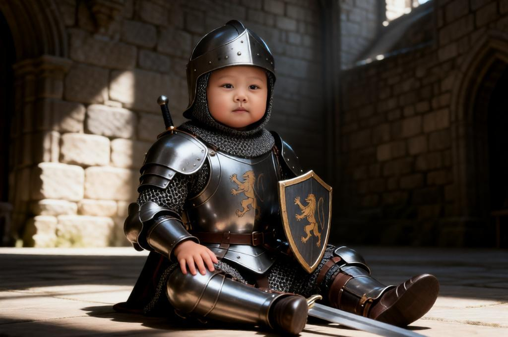 Baby dressed as knight with sword and shield sitting in castle with stone walls dramatic medieval scene.