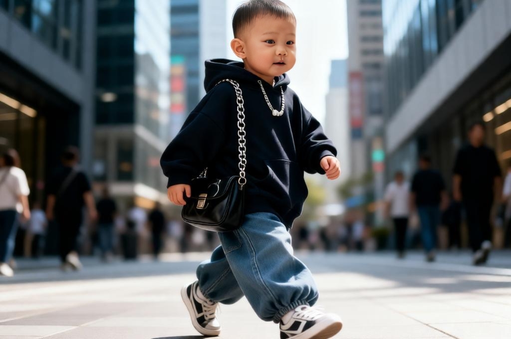 Baby walking in city street wearing Korean outfit hoodie baggy jeans urban candid street style scene.