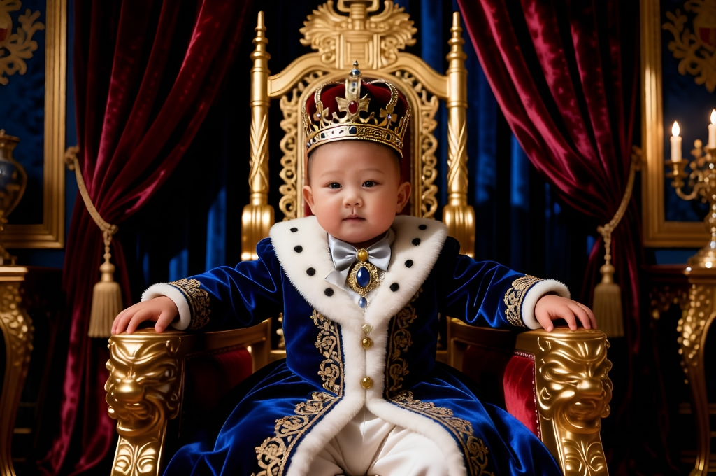 Baby dressed as royal prince sitting on golden throne with crown velvet curtains luxurious palace scene.