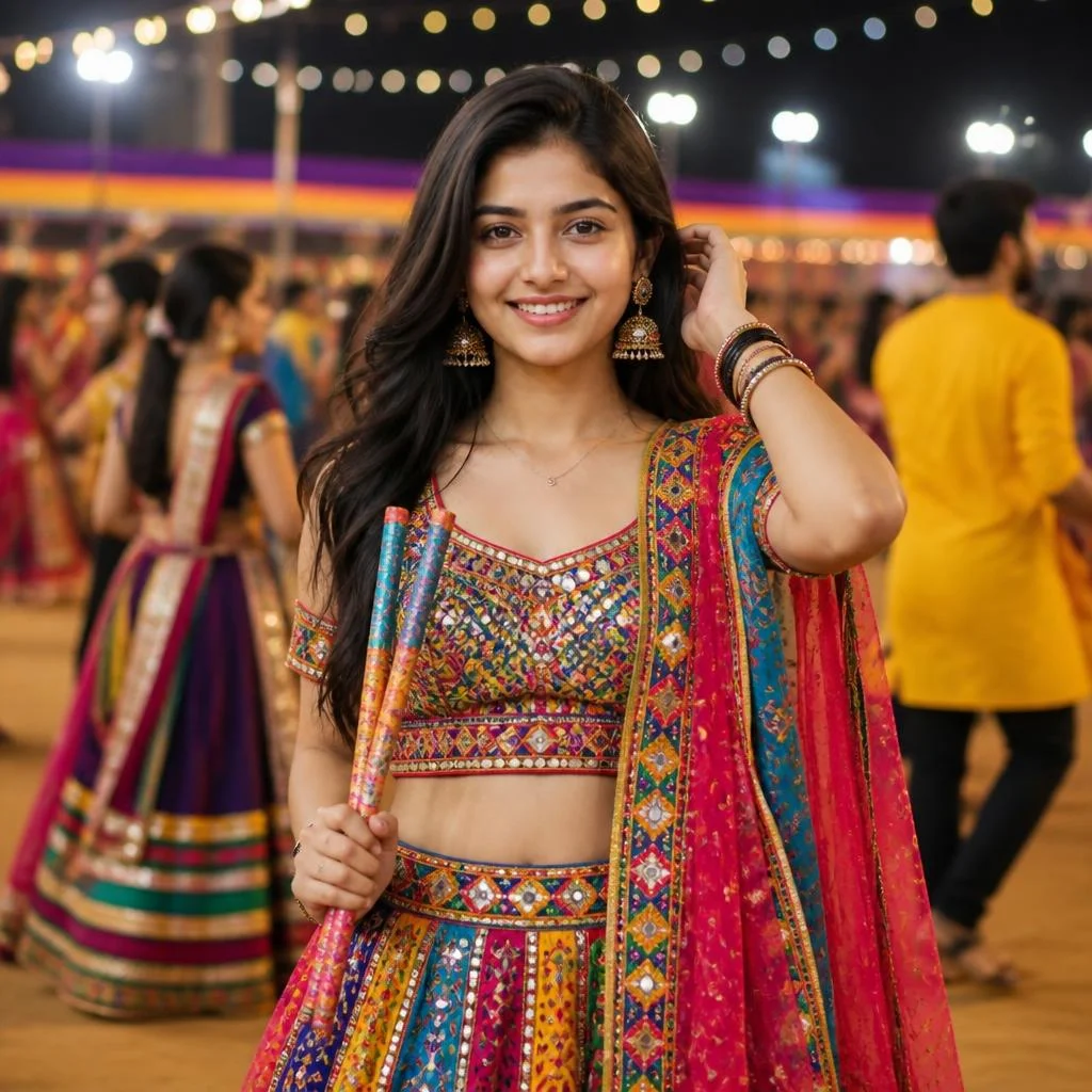Woman in colorful chaniya choli holding dandiya sticks at a Navratri Garba venue.