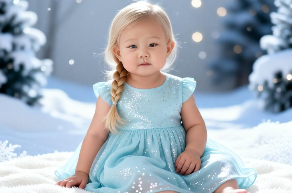 Baby styled as Elsa wearing blue dress with braid sitting in soft snowy themed setup.
