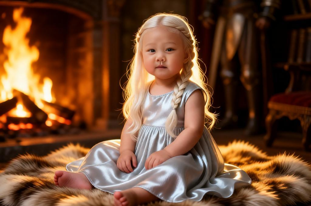 Baby styled as Daenerys sitting in royal setting with dress braids warm cinematic lighting scene.