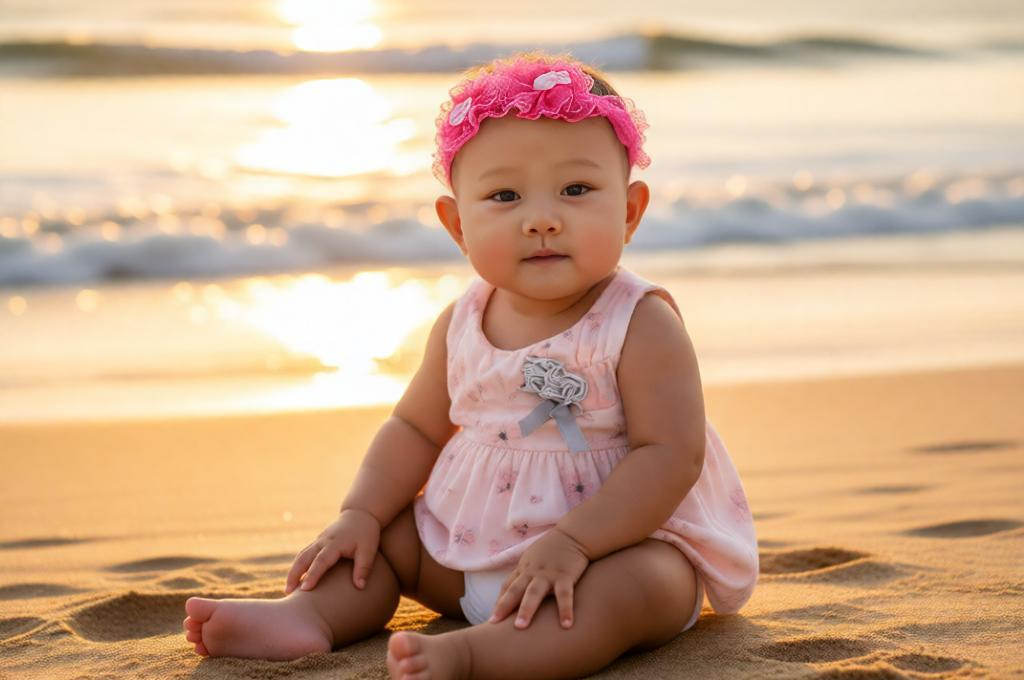 Baby sitting on sandy beach with waves and sunlight reflecting on water warm vibrant outdoor scene.