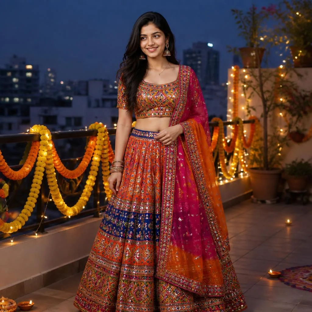 Woman in traditional chaniya choli posing on a decorated terrace during Navratri. 