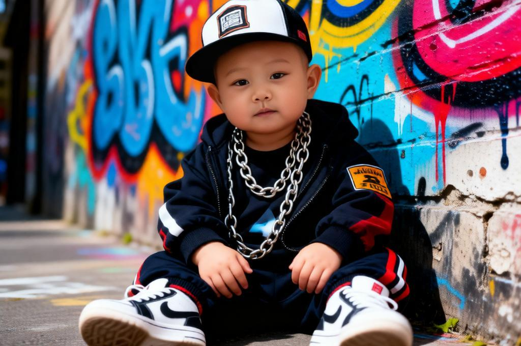 Baby in hip hop outfit with cap chains sneakers sitting near graffiti wall colorful urban street style scene.
