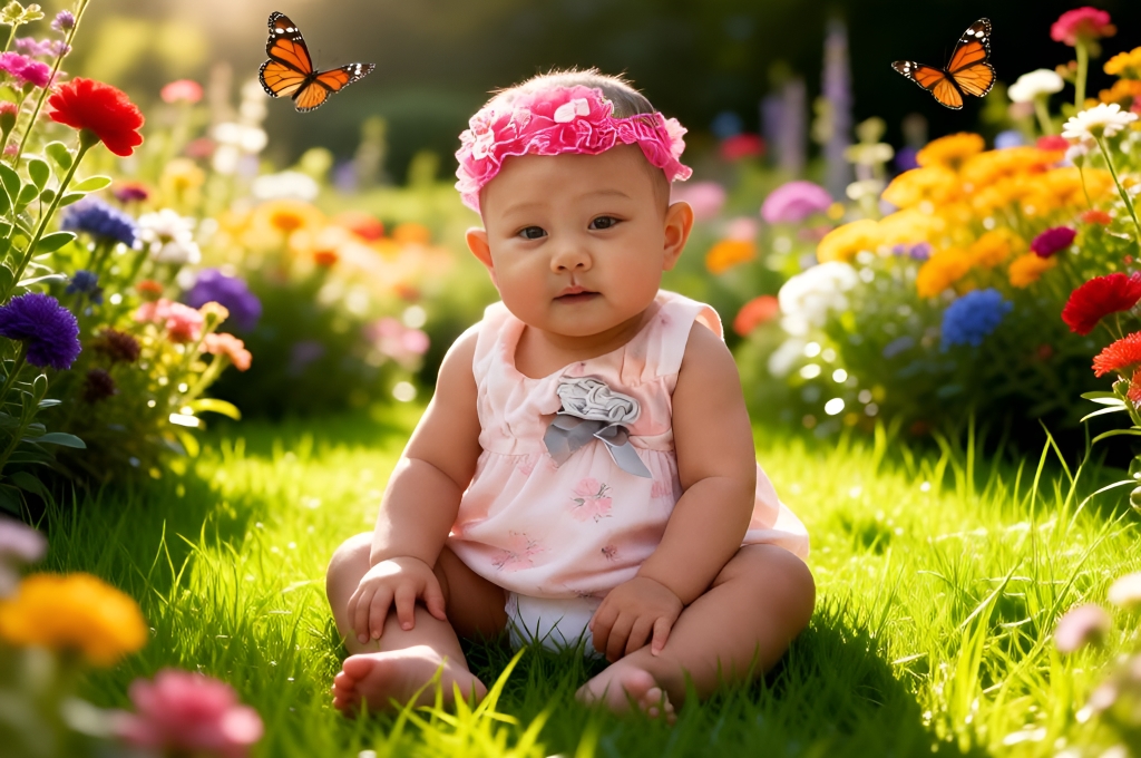 Baby sitting on green grass in garden with flowers butterflies under sunlight bright outdoor natural scene.