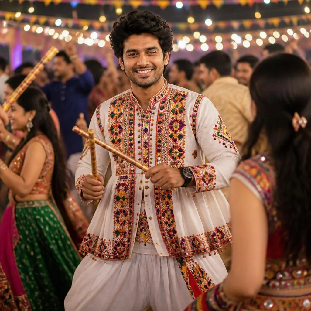 Man in Gujarati kediyu playing dandiya at a crowded Navratri Garba celebration.