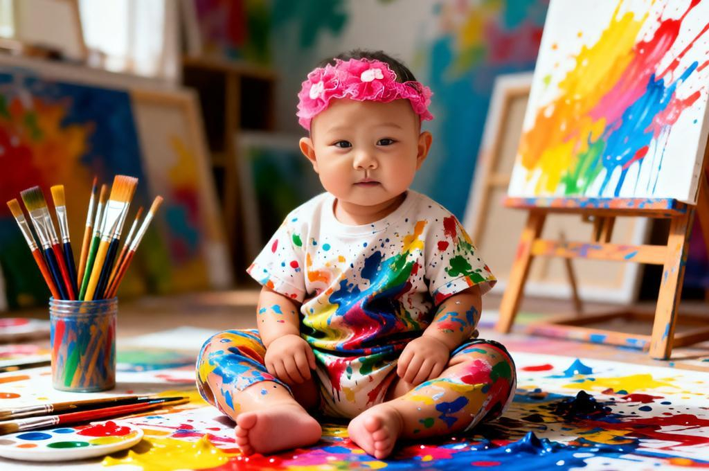 Baby sitting in colorful art studio with brushes canvas paint splashes wearing messy outfit creative scene.