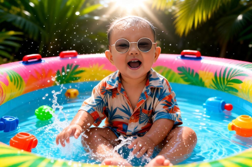 Baby wearing sunglasses sitting in inflatable pool splashing water bright summer playful scene.