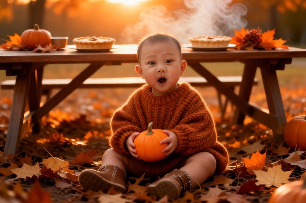 Baby sitting on dry leaves holding pumpkin with autumn decor warm Thanksgiving seasonal scene.
