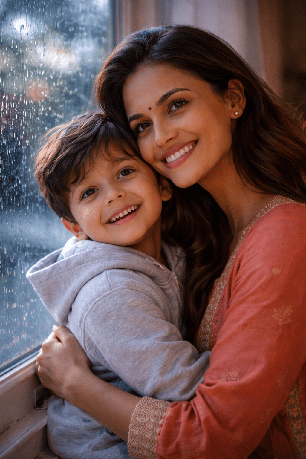 scene of a mother and son standing near a window with rain falling outside.