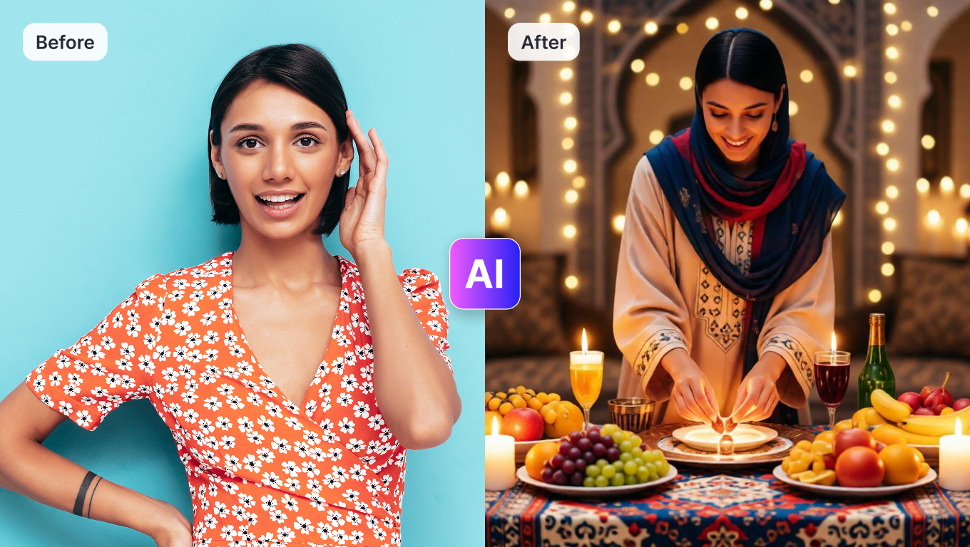 Before and after AI Eid photo editing showing a girl setting a dinner table transformed into a festive Eid Mubarak dining setup with decorations and warm lighting.