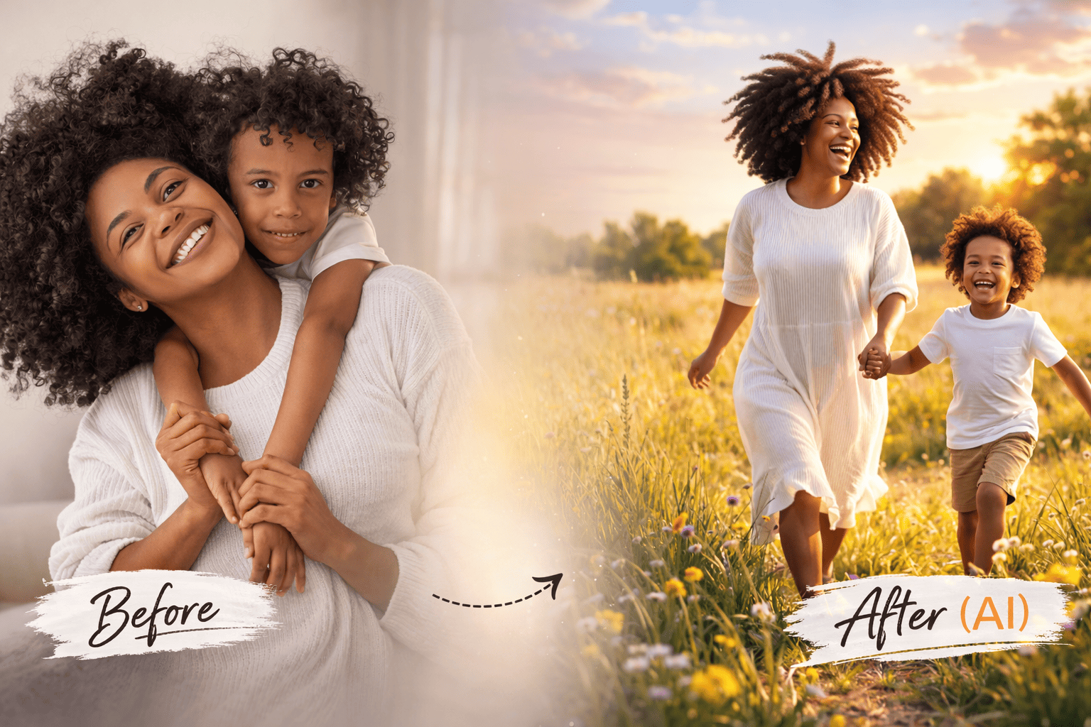 Mother and son hugging in a before-and-after image, running in a field.
