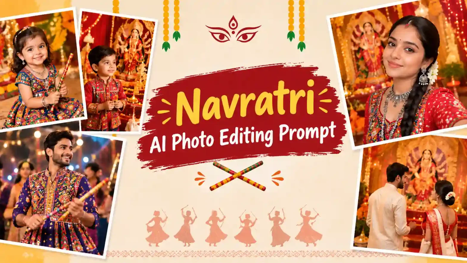 banner collage of navratri photo editing images in red and cream color