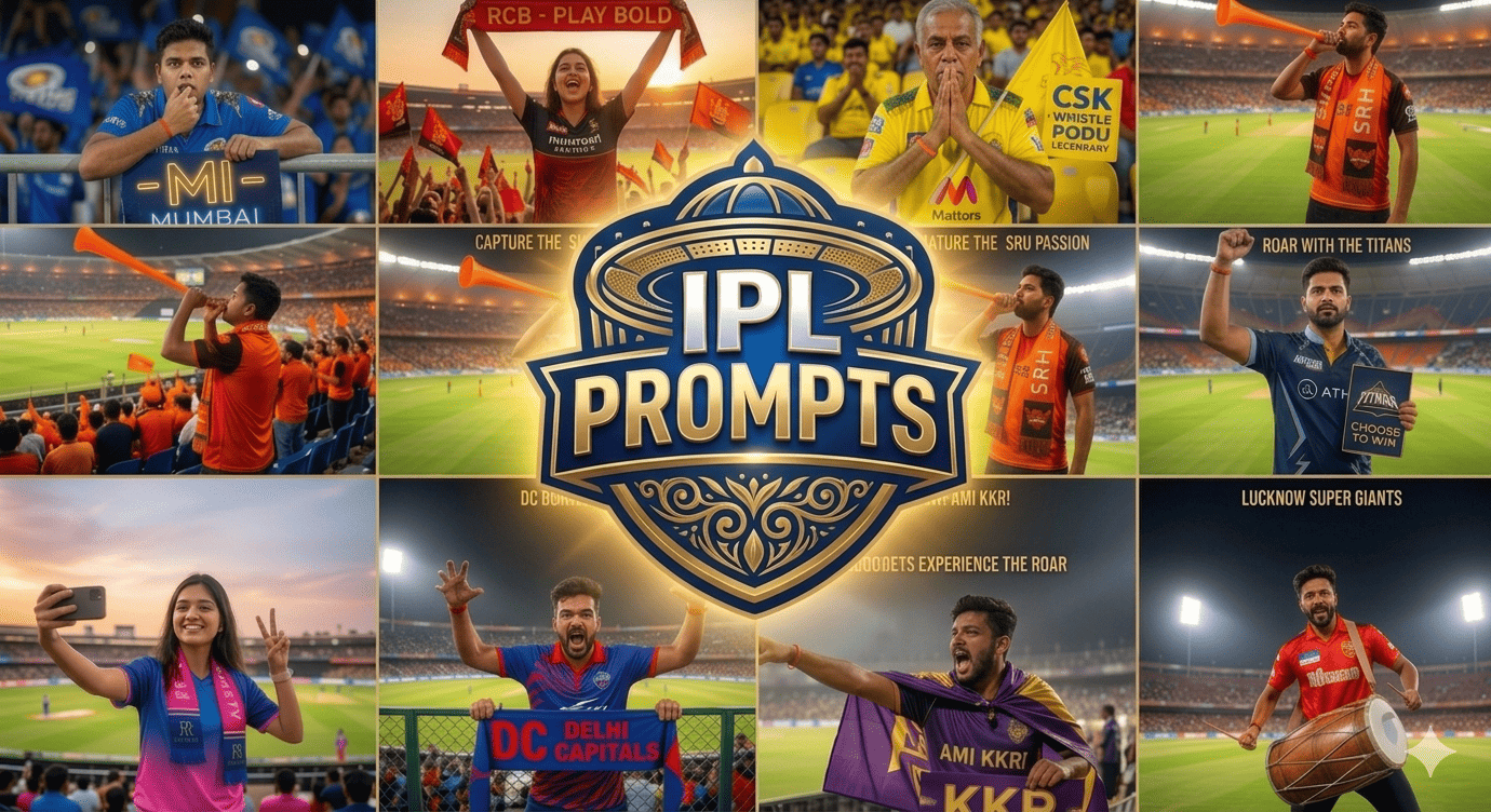 collage image of all IPL teams in one frame, where in the middle, IPL prompts is written.